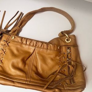 B Makowsky Honey Gold Shoulder Bag with laced up sides and tassels